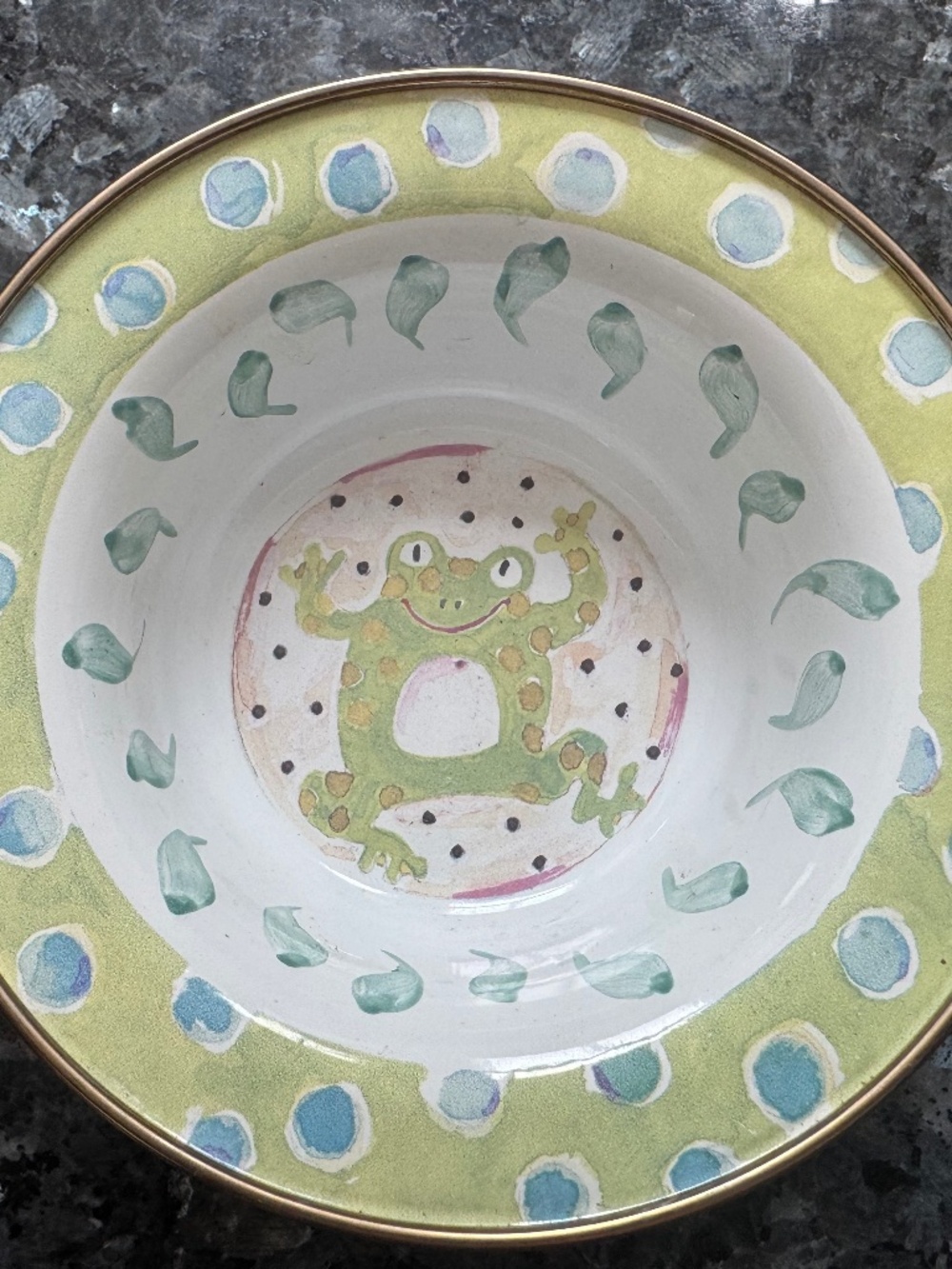 Mackenzie Childs FROG Childs Bowl, blue + green NEW! Excellent Original